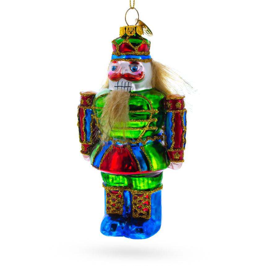 Glass New Year Nutcracker Blown Glass Christmas Ornament in Green color