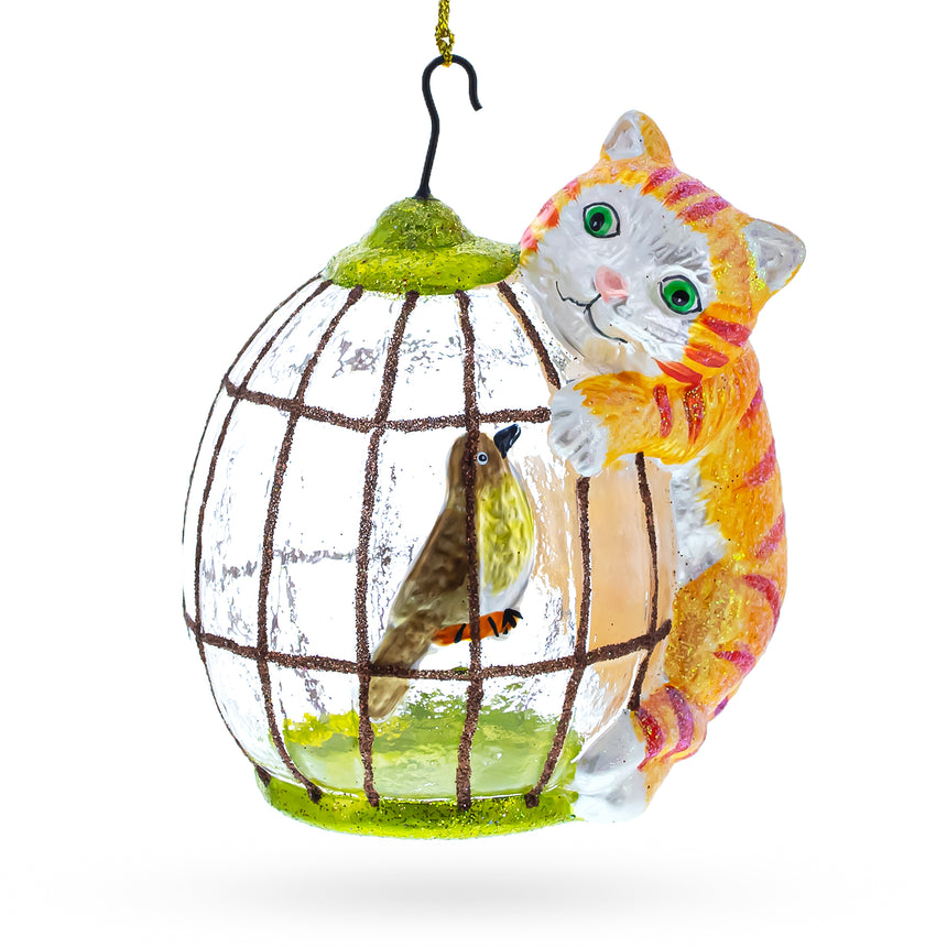 Glass Cat Perched on Bird Cage Blown Glass Christmas Ornament in Multi color