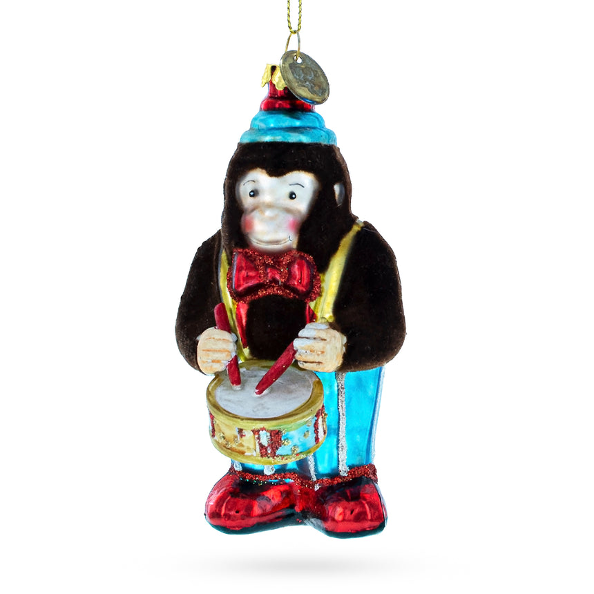 Glass Fluffy Monkey Drumming Blown Glass Christmas Ornament in Brown color