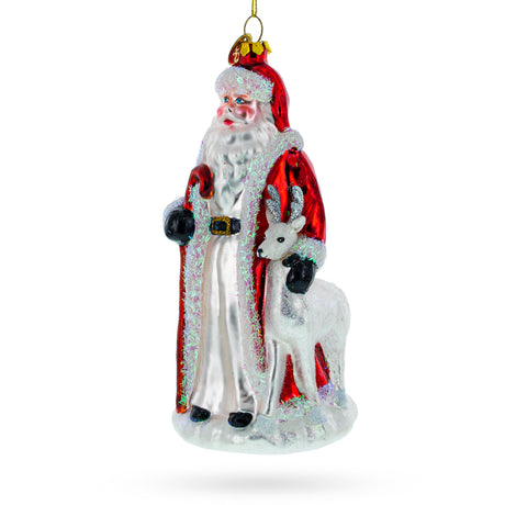 Glass Santa Claus Guided by White Reindeer - Festive Blown Glass Christmas Ornament in Red color