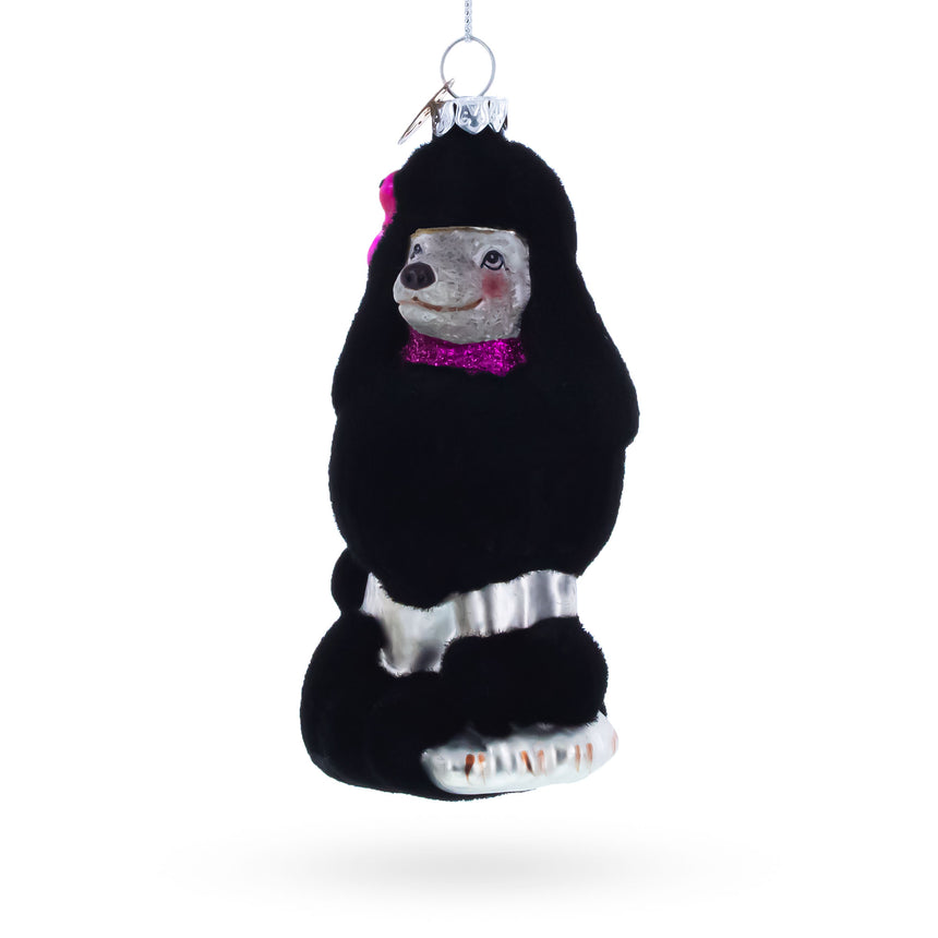 Glass Black Poodle Dog with Faux Fur Glass Christmas Ornament in Black color