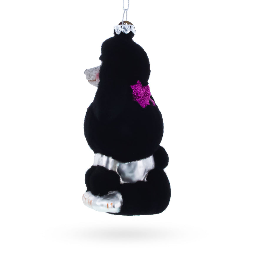 Black Poodle Dog with Faux Fur Glass Christmas Ornament ,dimensions in inches: 4.75 x 2.25 x