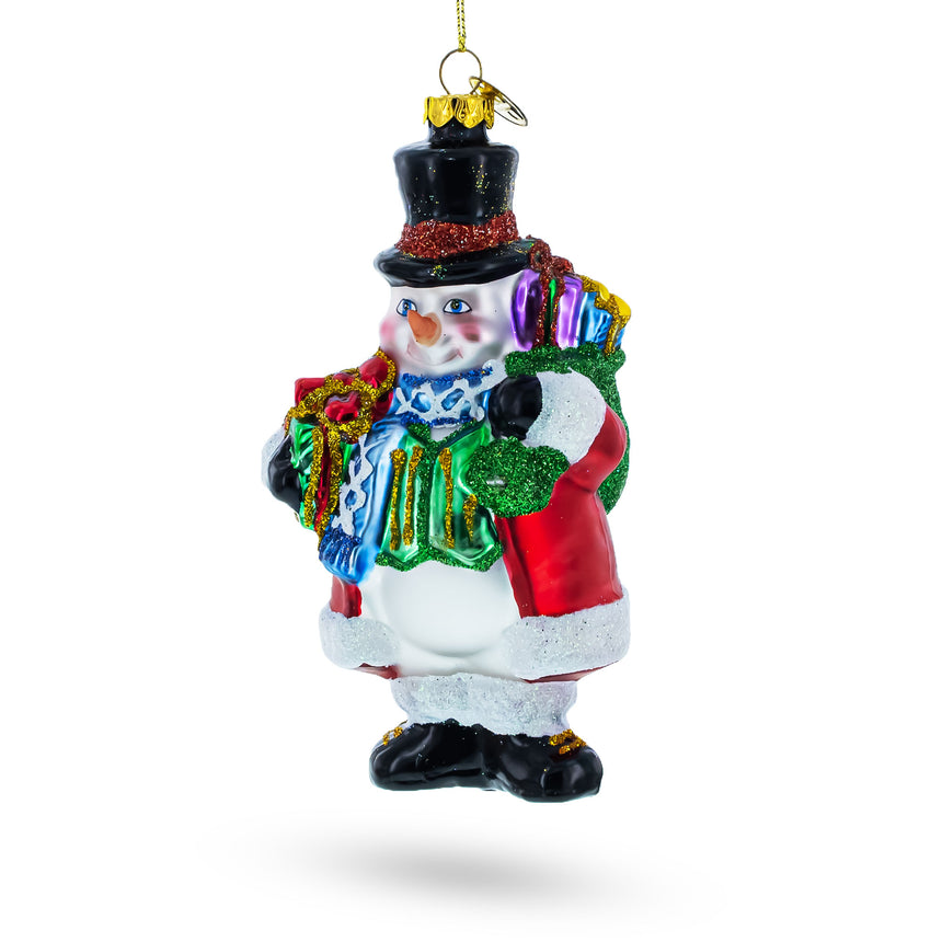 Glass Snowman with Black Hat Blown Glass Christmas Ornament in Multi color