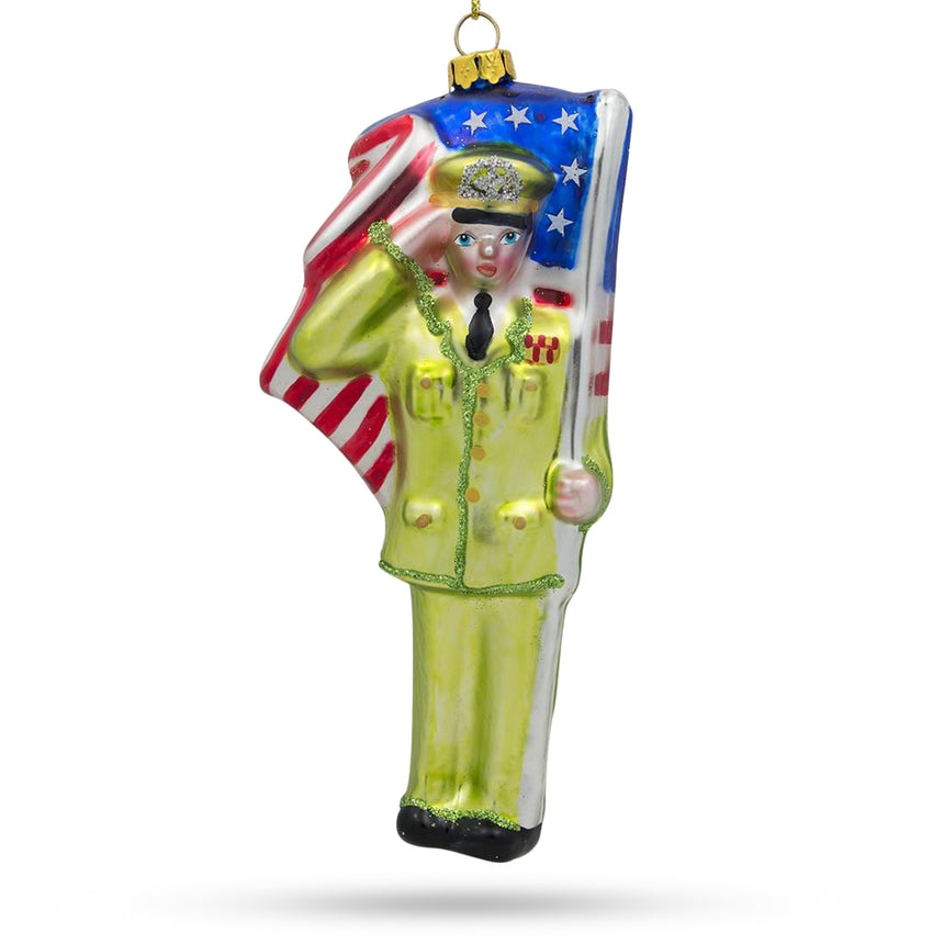 Glass Army Soldier with USA Flag Glass Christmas Ornament in Multi color