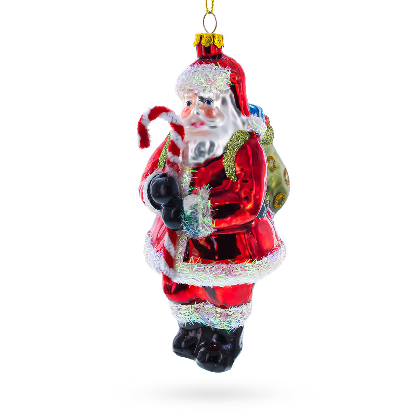 Glass Santa Claus Holding Candy Cane and Gifts Blown Glass Christmas Ornament in Red color