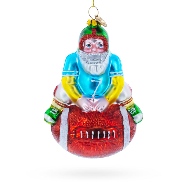 Glass Santa Football Player with Sports Ball Blown Glass Christmas Ornament in Multi color