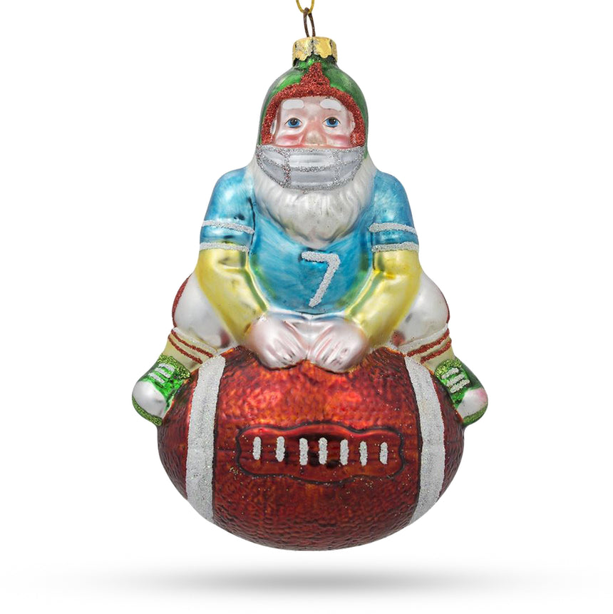 Glass Santa Football Player with Sports Ball Blown Glass Christmas Ornament in Multi color