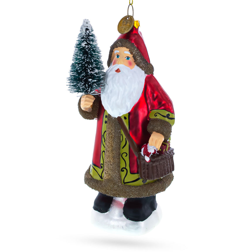 Glass Santa with Fir Tree Blown Glass Christmas Ornament in Multi color