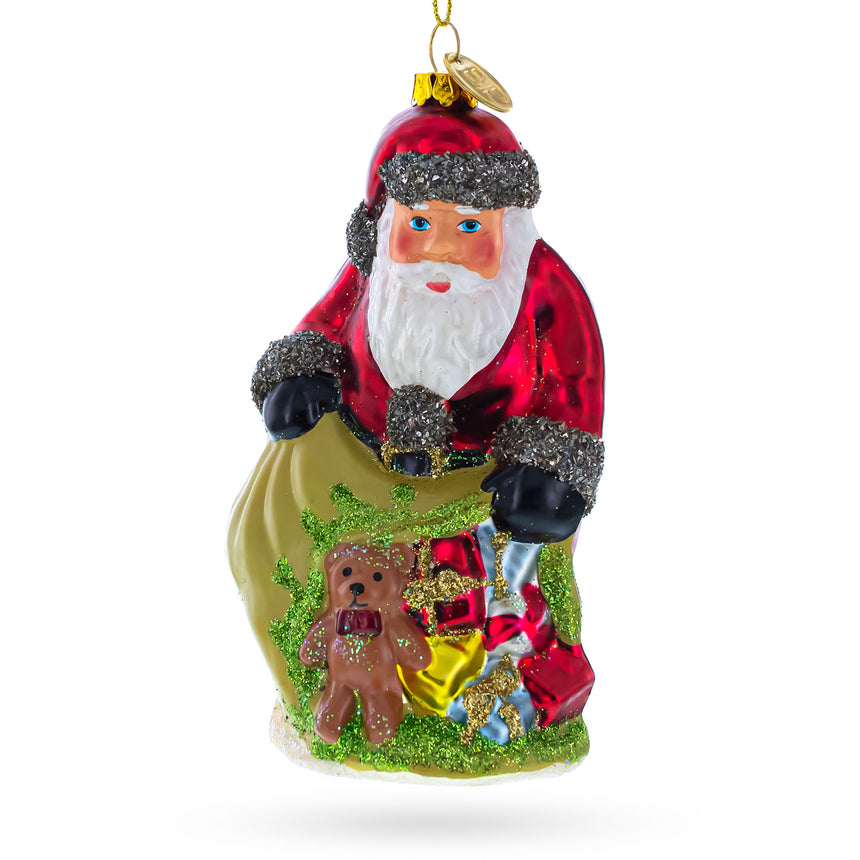 Glass Santa with Gift-Filled Bag Blown Glass Christmas Ornament in Multi color