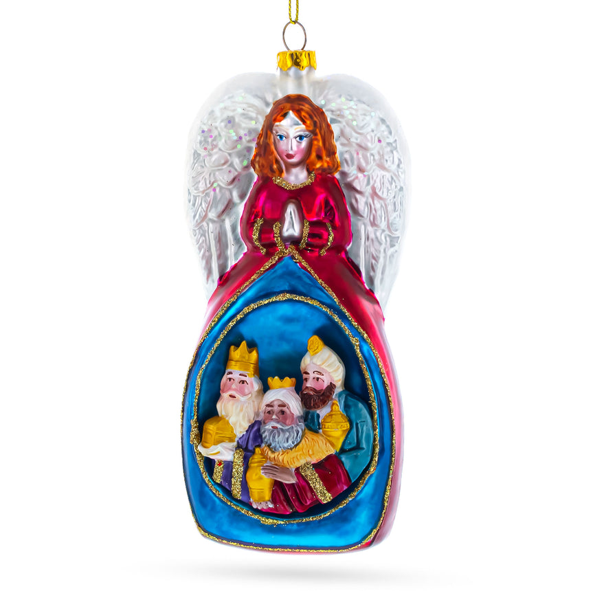 Glass Nativity Scene Angel and Three Wiremen Blown Glass Christmas Ornament in Multi color