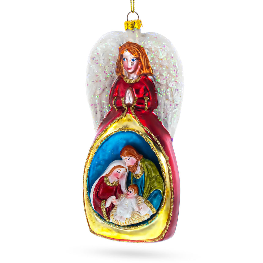 Glass Angel Above Nativity Scene Blown Glass Christmas Ornament in Multi color