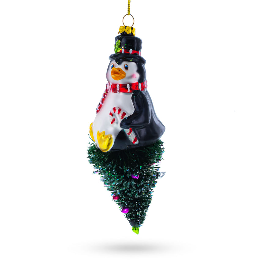 Glass Penguin on Upside Down Tree Blown Glass Christmas Ornament in Green color