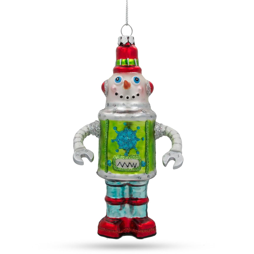 Glass Whimsical Robot Blown Glass Christmas Ornament in Green color