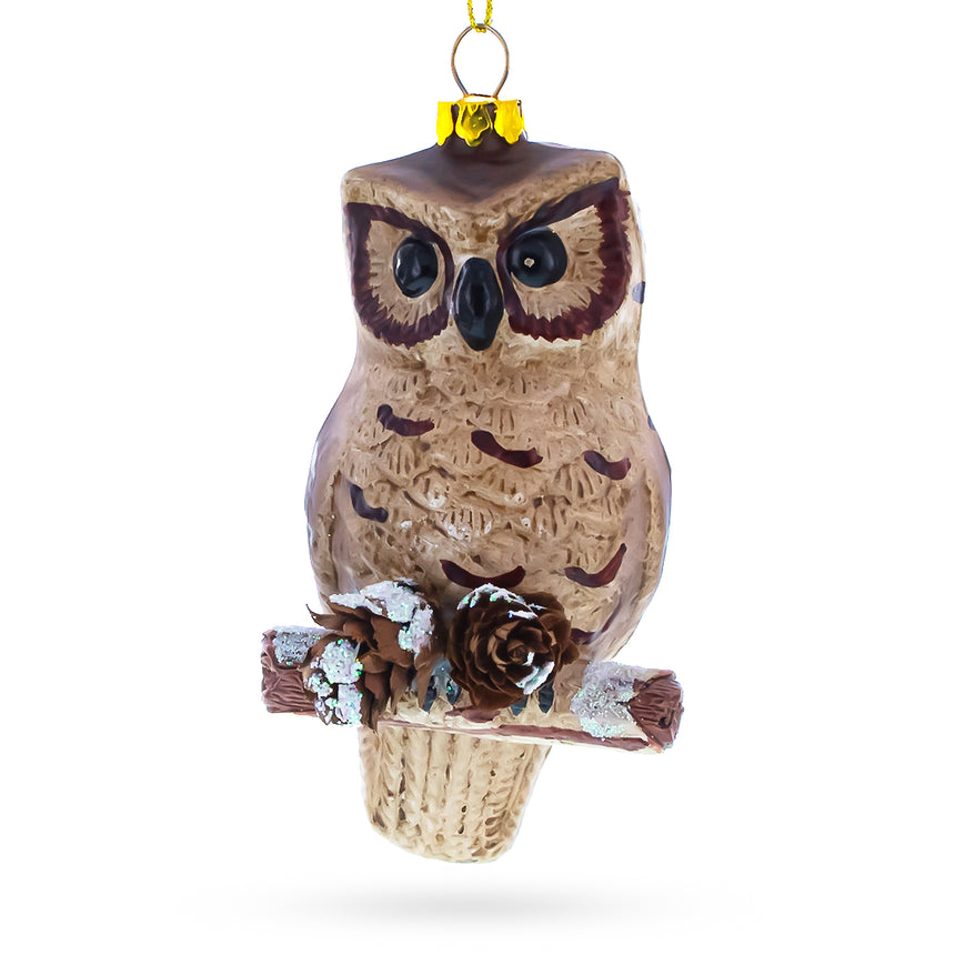 Glass Wise Owl Perched on Branch Blown Glass Christmas Ornament in Multi color