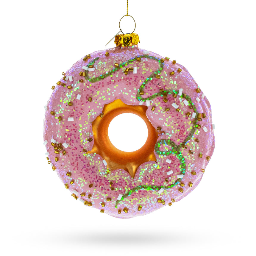 Glass Delicious Pink Glazed Donut Blown Glass Christmas Ornament in Pink color Round