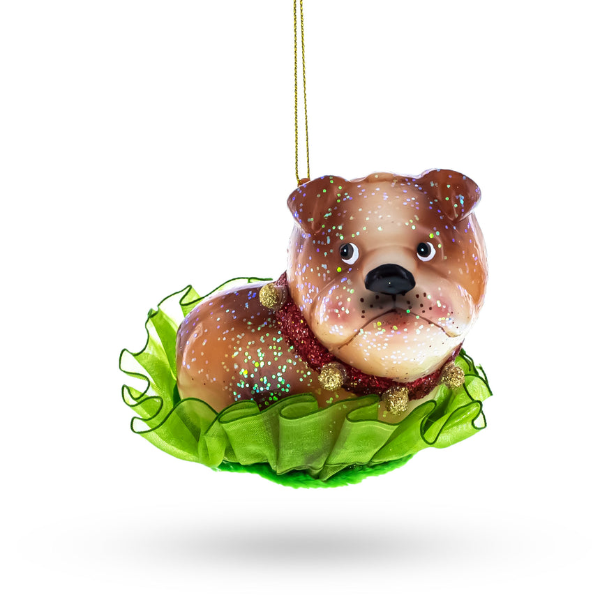 Glass Bulldog Puppy Handcrafted Blown Glass Christmas Ornament in Brown color