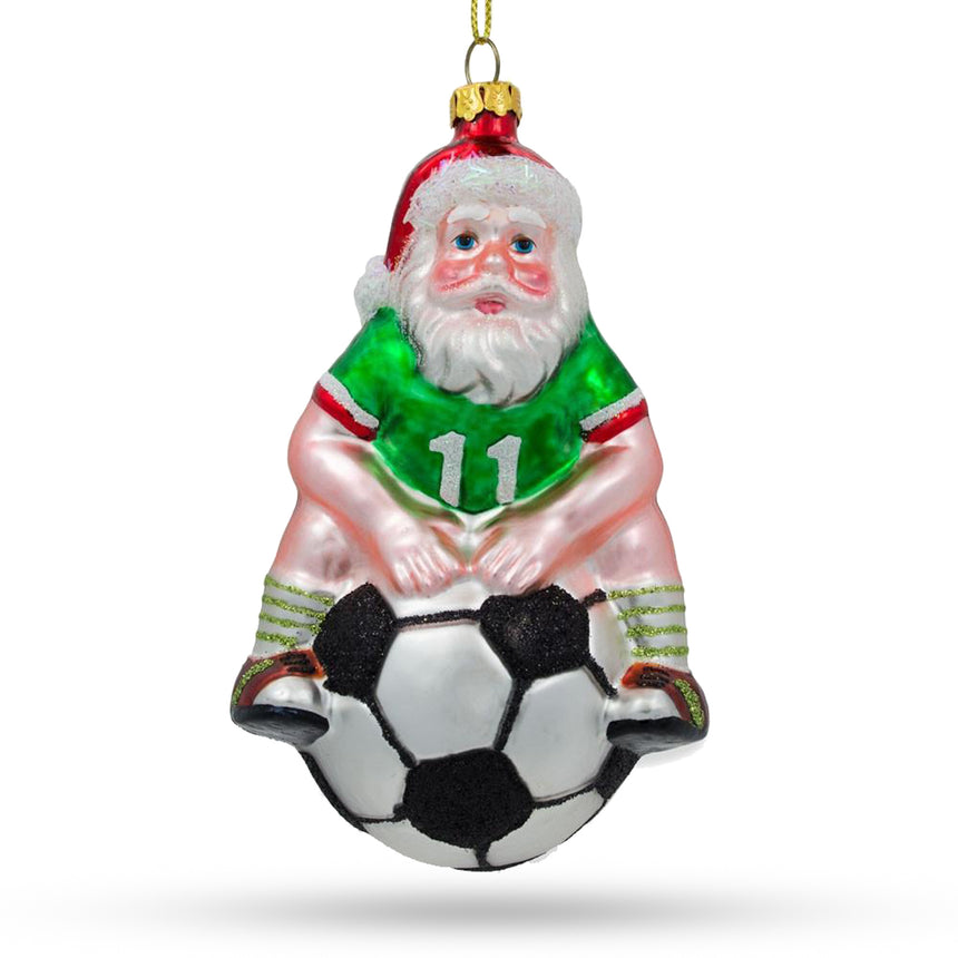 Glass Santa Seated on Soccer Ball Blown Glass Christmas Ornament in Multi color