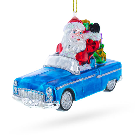Glass Jolly Santa in Convertible Car Loaded with Gifts - Blown Glass Christmas Ornament in Multi color