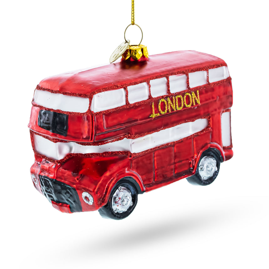 Glass Double Decker Bus, London, UK Blown Glass Christmas Ornament in Red color