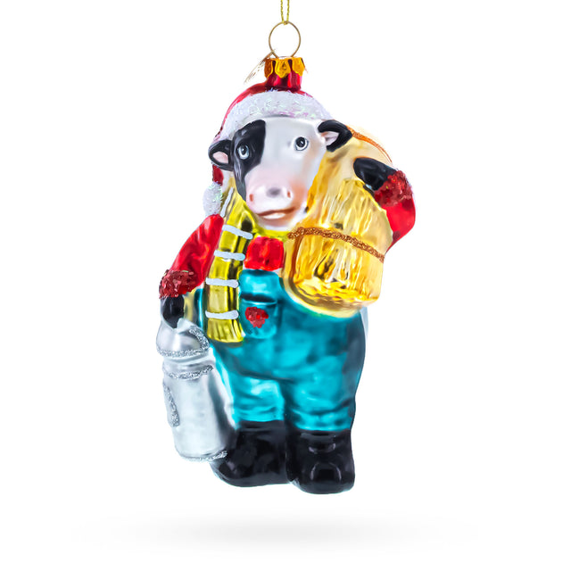 Glass Cow Carrying Milk Jug Blown Glass Christmas Ornament in Multi color