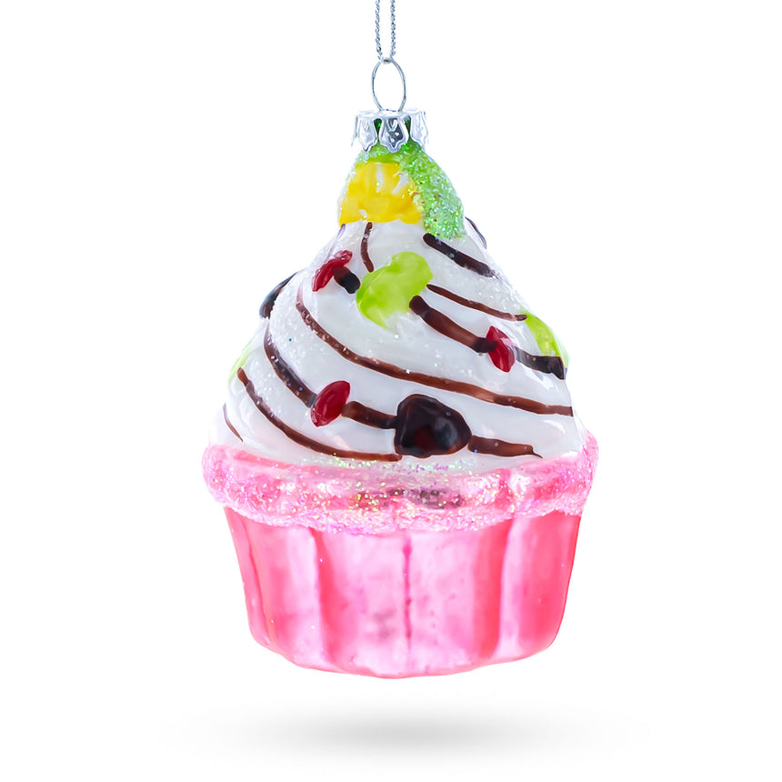 Glass Cupcake/Muffin Blown Glass Christmas Ornament in Pink color