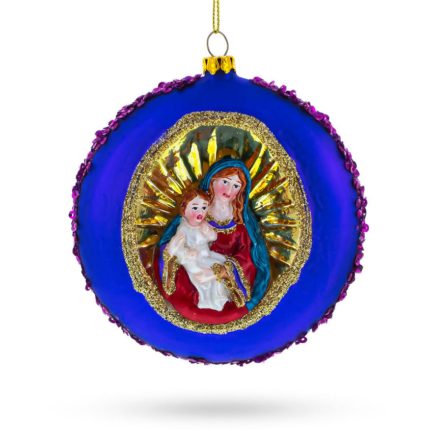 Glass Sacred Mary Holding Jesus on Purple Disc Blown Glass Christmas Ornament in Purple color Disc