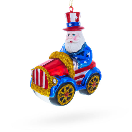 Glass Uncle Sam Santa Driving a Car Blown Glass Christmas Ornament in Multi color