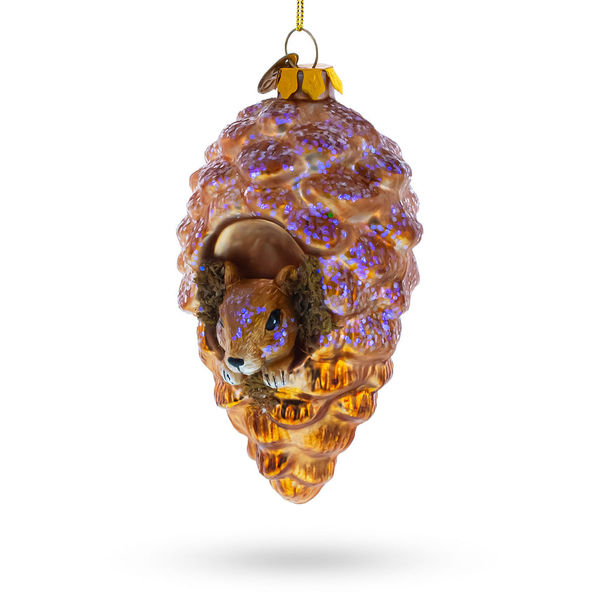 Glass Squirrel Nestled in Pine Cone Blown Glass Christmas Ornament in Brown color