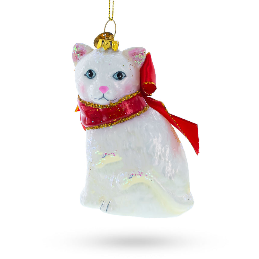 Glass White Persian Cat Blown Glass Christmas Ornament in White color