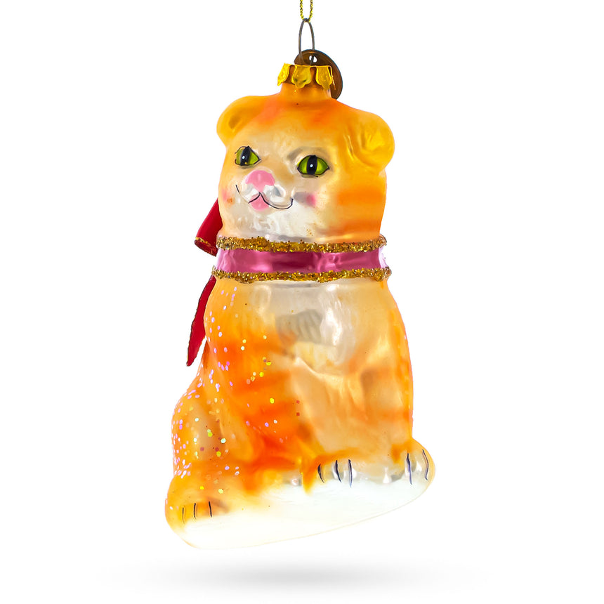 Glass Orange Tabby Cat Blown Glass Christmas Ornament in Multi color