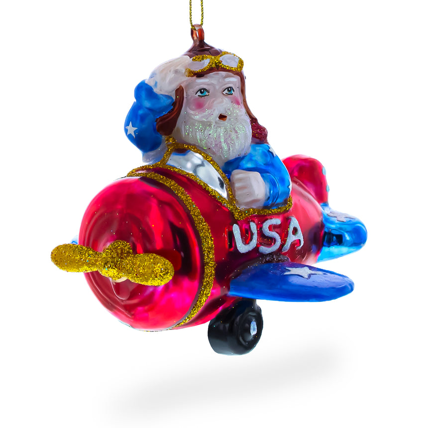 Glass Pilot Santa in Airplane Blown Glass Christmas Ornament in Multi color