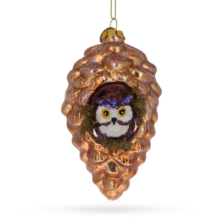 Glass Wise Owl Nestled in Pine Cone Blown Glass Christmas Ornament in Multi color