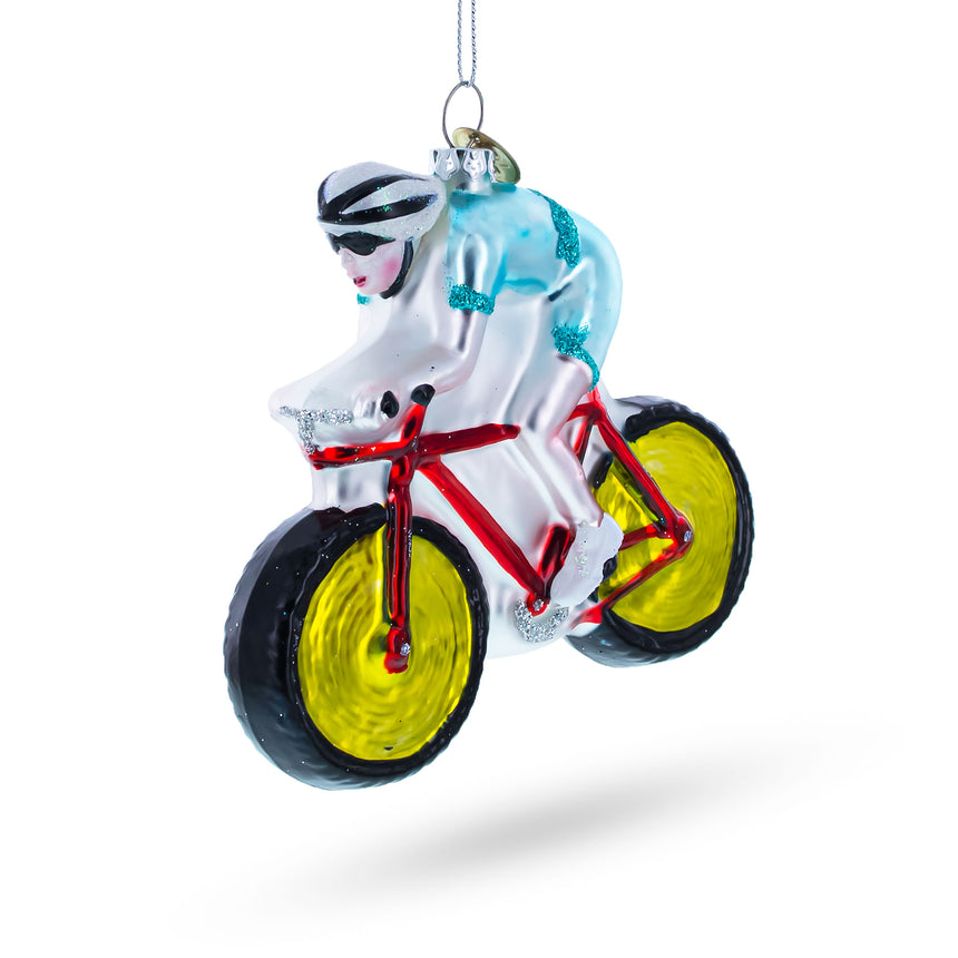 Glass Cycling Sportsman on Bicycle Blown Glass Christmas Ornament in Multi color