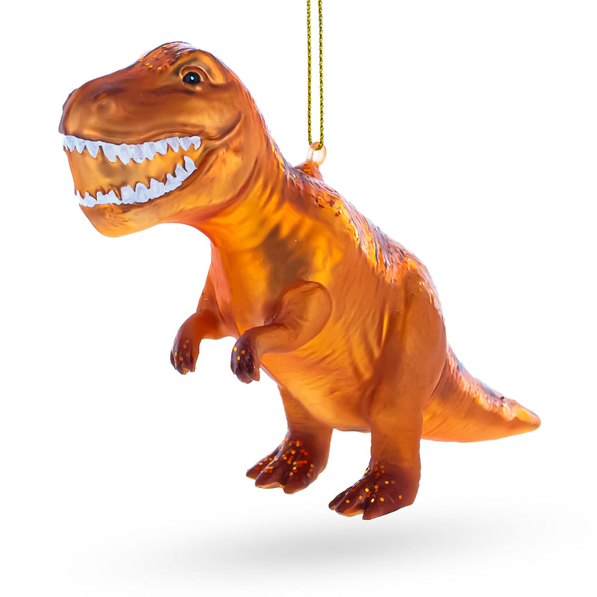 Glass T-Rex Dinosaur Blown Glass Christmas Ornament in Orange color