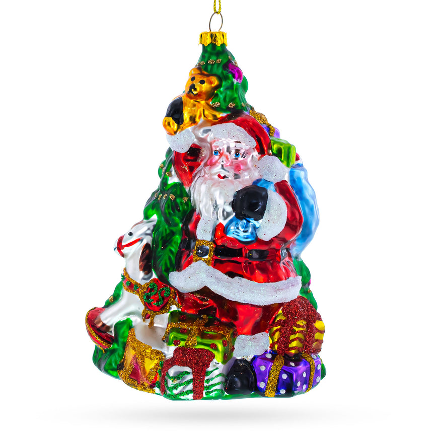 Glass Santa Presenting Gifts Beside Christmas Tree Glass Ornament in Multi color Triangle