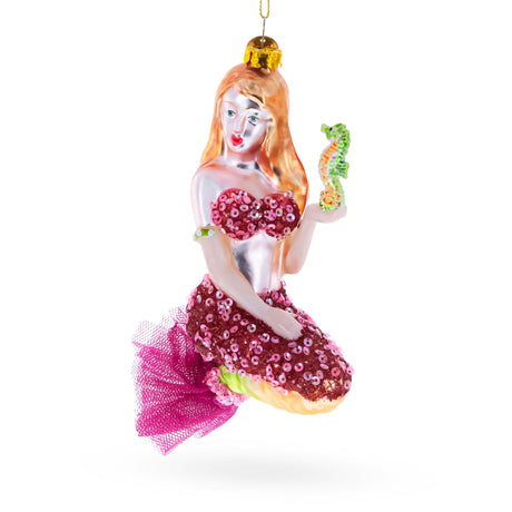 Glass Mermaid Holding a Seahorse Blown Glass Christmas Ornament in Multi color