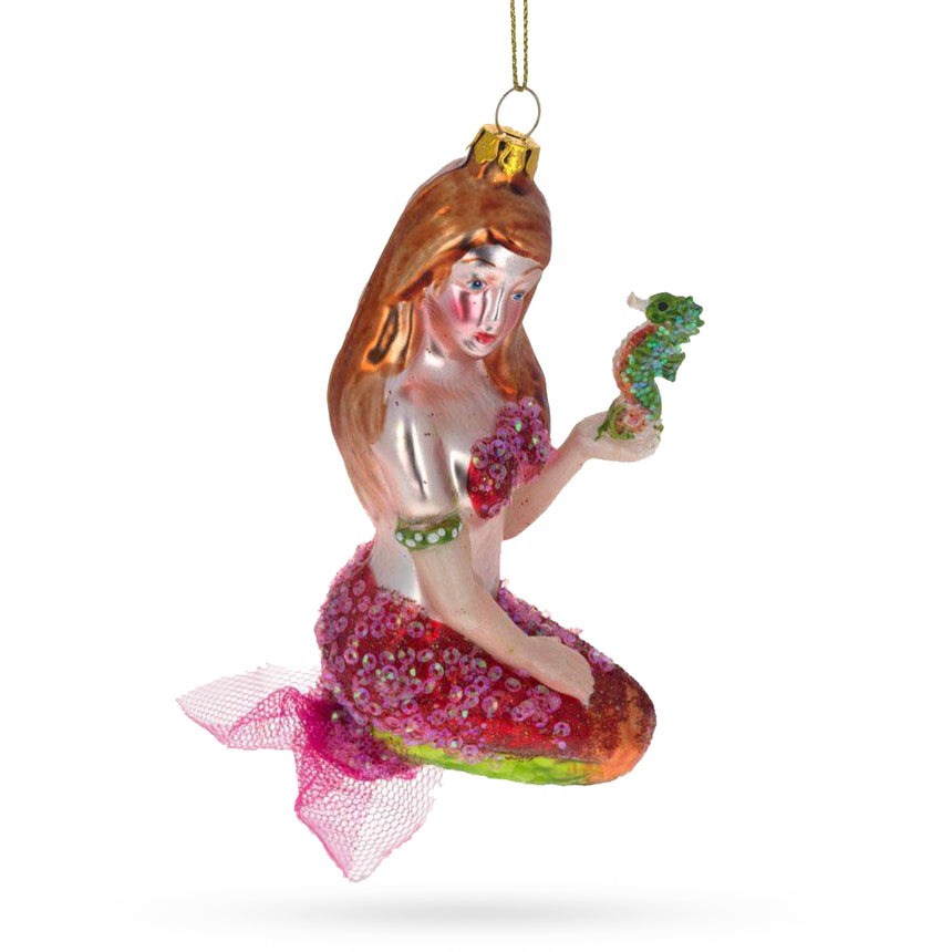 Glass Mermaid Holding a Seahorse Blown Glass Christmas Ornament in Multi color