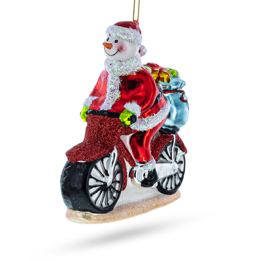 Glass Snowman Biker on the Road Blown Glass Christmas Ornament in Multi color