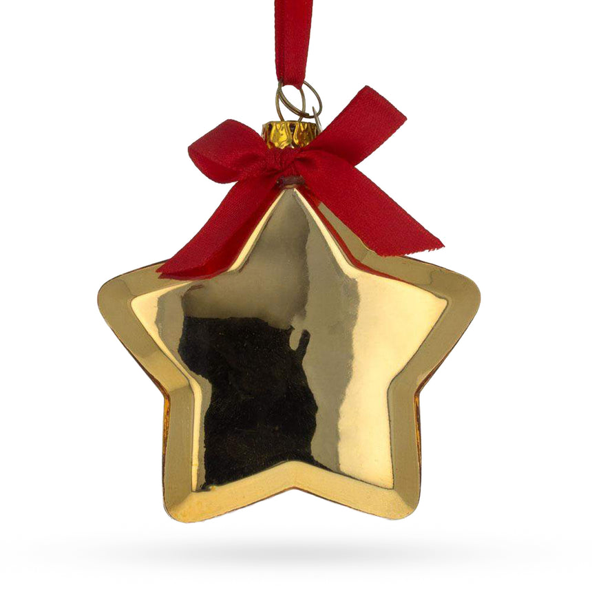 Glass Golden Star Adorned with Red Bow Glass Christmas Ornament in Gold color Star