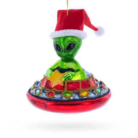 Glass Santa Alien Piloting a Saucer UFO Glass Christmas Ornament in Multi color