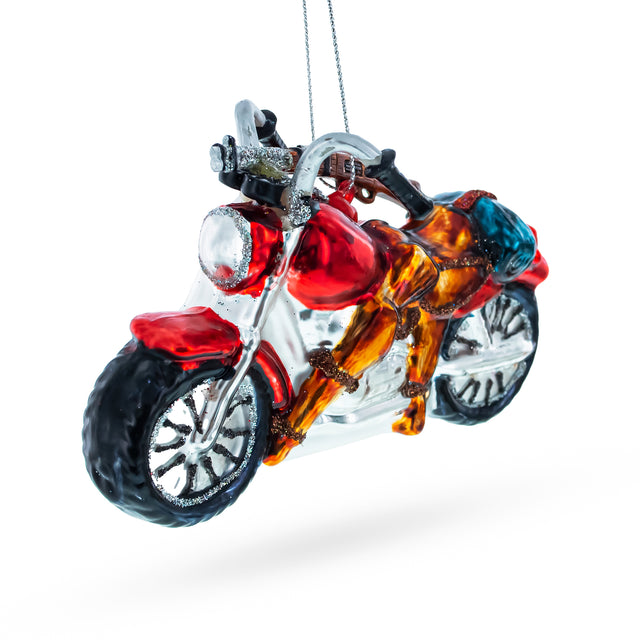 Glass Rugged Hunter's Motorcycle Blown Glass Christmas Ornament in Multi color