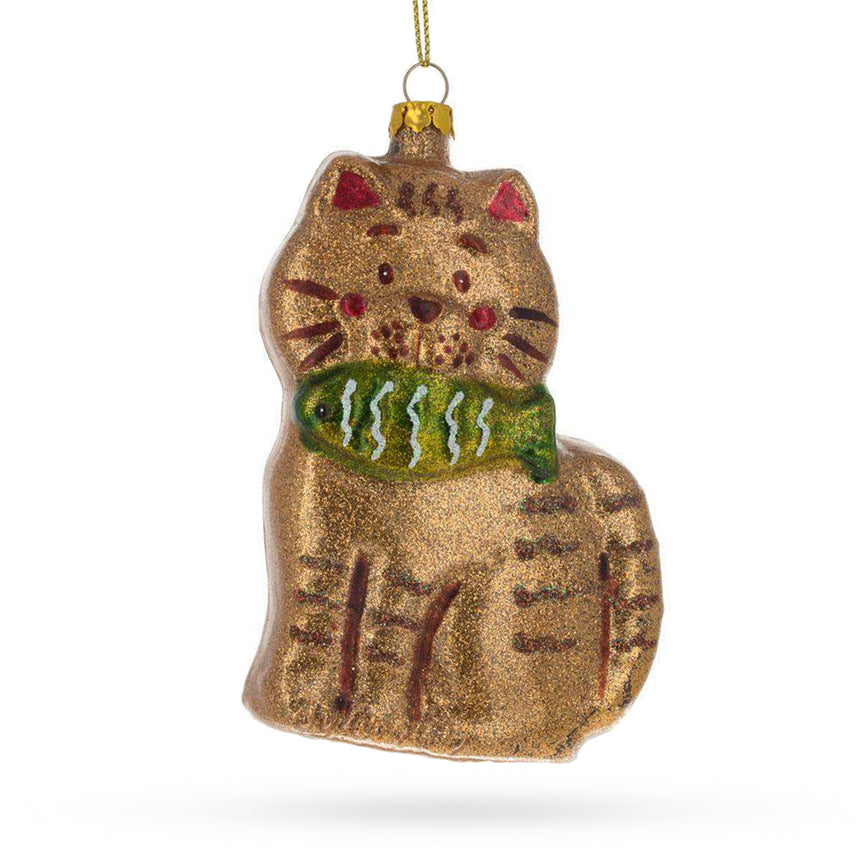 Glass Sparkling Glittered Gingerbread Cat Holding a Fish Glass Christmas Ornament in Brown color