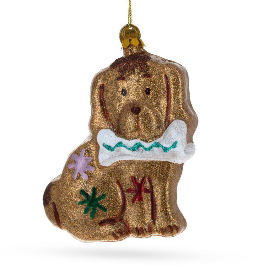 Glass Glitter Spaniel Dog Clutching a Bone Blown Glass Christmas Ornament in Brown color