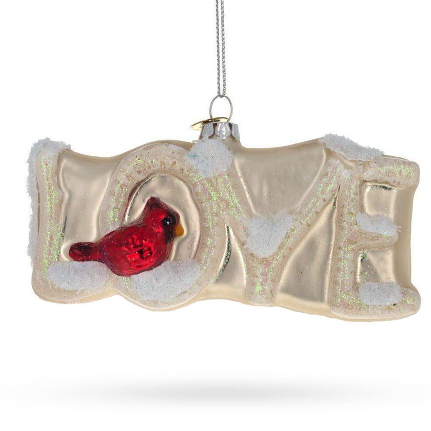 Glass Love Letters Red Cardinal on Branch Glass Christmas Ornament in Ivory color