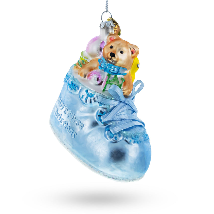 Glass Teddy Bear Nestled in a Blue Shoe for Baby's First Glass Christmas Ornament in Blue color