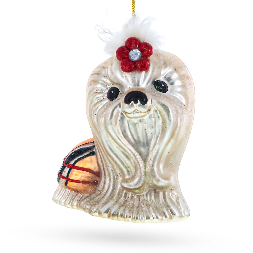 Glass Charming Shih Tzu Chrysanthemum Dog Glass Christmas Ornament in Ivory color