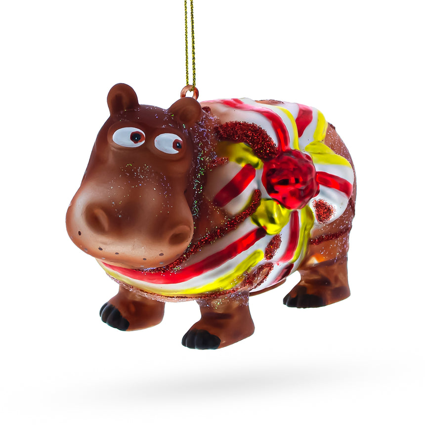 Glass Playful Hippo with Gift Blown Glass Christmas Ornament in Multi color