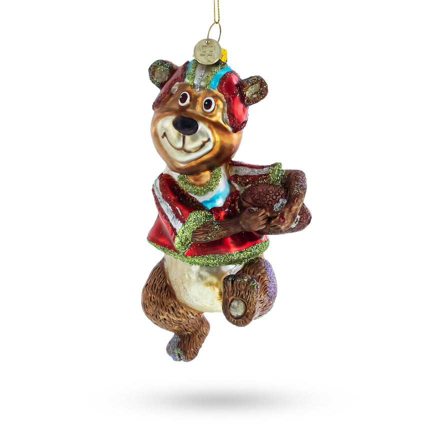 Glass Bear Engaged in Football Blown Glass Christmas Ornament in Brown color