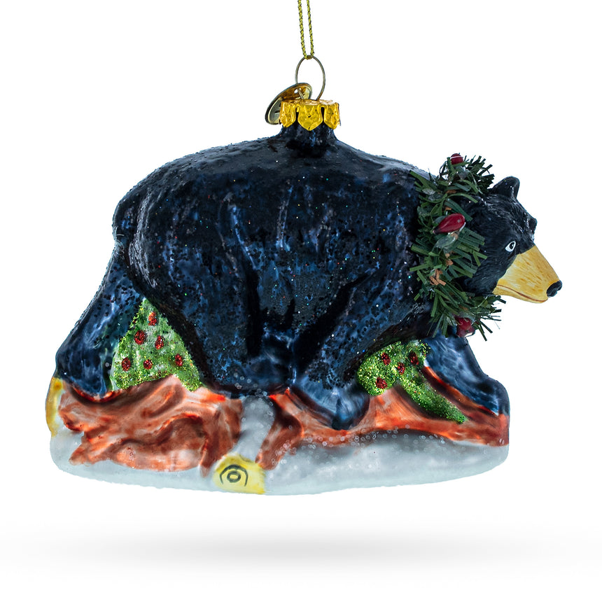 Glass Majestic Black Bear Blown Glass Christmas Ornament in Black color