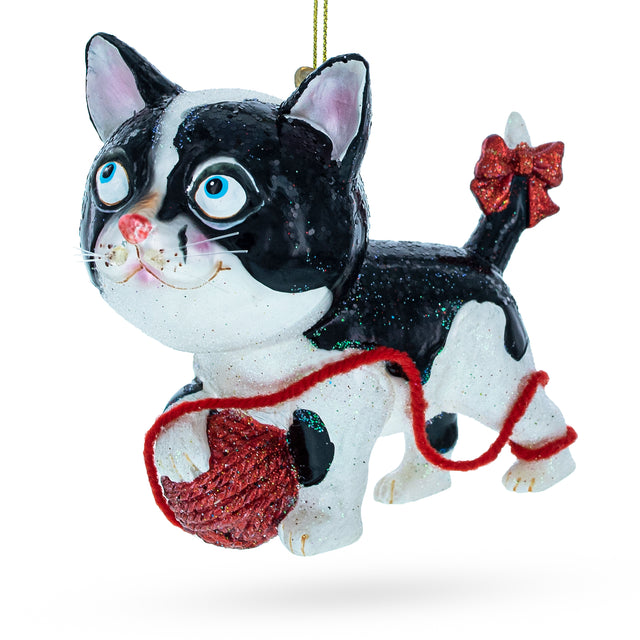 Glass Playful Cat Entangled with Yarn Ball Blown Glass Christmas Ornament in Multi color